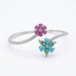 Multi-Gemstone Ruby, Emerald & Turquoise Flower Bangle Bracelet in 925 Sterling Silver - Image 3