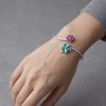 Multi-Gemstone Ruby, Emerald & Turquoise Flower Bangle Bracelet in 925 Sterling Silver