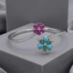 Multi-Gemstone Ruby, Emerald & Turquoise Flower Bangle Bracelet in 925 Sterling Silver - Image 2