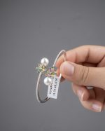 Multi-Tourmaline & Pearl Floral Bangle Bracelet in 925 Sterling Silver - Image 3