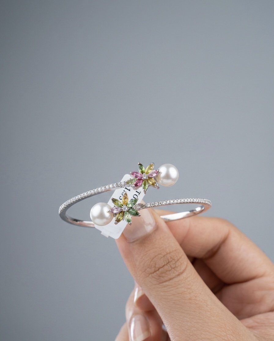 IMG_1301 Multi-Tourmaline & Pearl Floral Bangle Bracelet in 925 Sterling Silver - Image 1