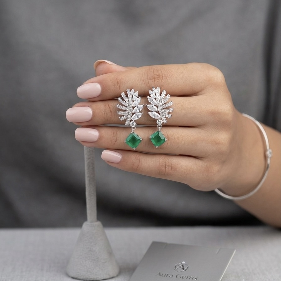 Natural Emerald Stone Sterling Silver Earrings, Natural Vivid Green Colour Natural Emerald Stone Sterling Silver Earrings, Natural Vivid Green Colour - Image 1