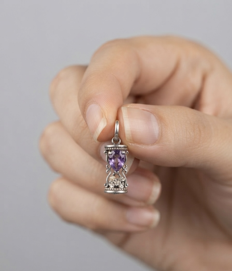 IMG_3555 Floral African Amethyst Pendant – Sterling Silver, Rhodium Finish - Image 1