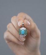 Natural Turquoise with Emerald & Zircon Pendant in 925 Sterling Silver Rhodium Plated