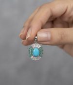 Natural Turquoise with Emerald & Zircon Pendant in 925 Sterling Silver Rhodium Plated - Image 2