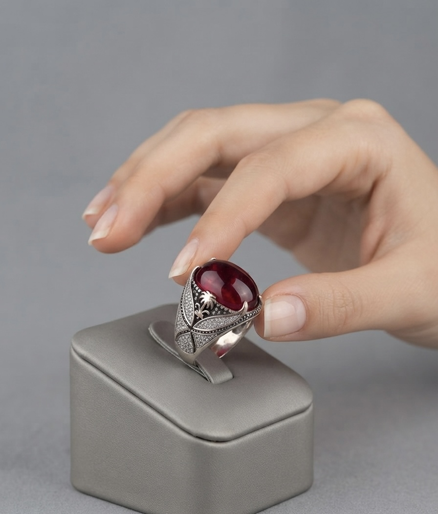 IMG_3589 Natural Mozambique Ruby Cabochon Ring in 925 Sterling Silver Rhodium Plated - Image 1