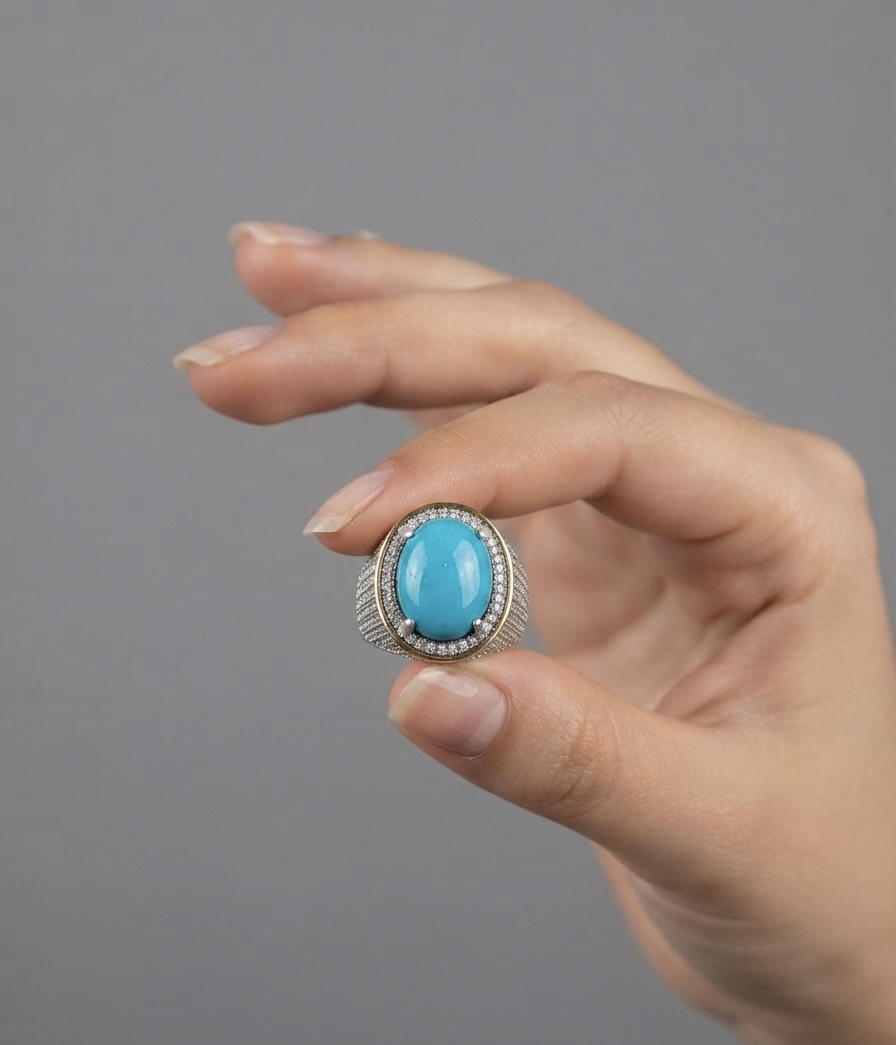 IMG_3603 Natural Arizona Turquoise Ring in 925 Sterling Silver with Zircon Pave - Image 1