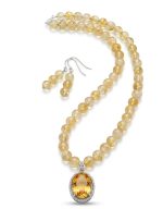 Natural Top Class Citrine Stone 8mm Beads String & Earrings With 925 Silver Locket
