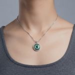 Natural Swat Emerald & Zircon Round Halo Pendant Necklace in 925 Sterling Silver (Rhodium Plated) - Image 3