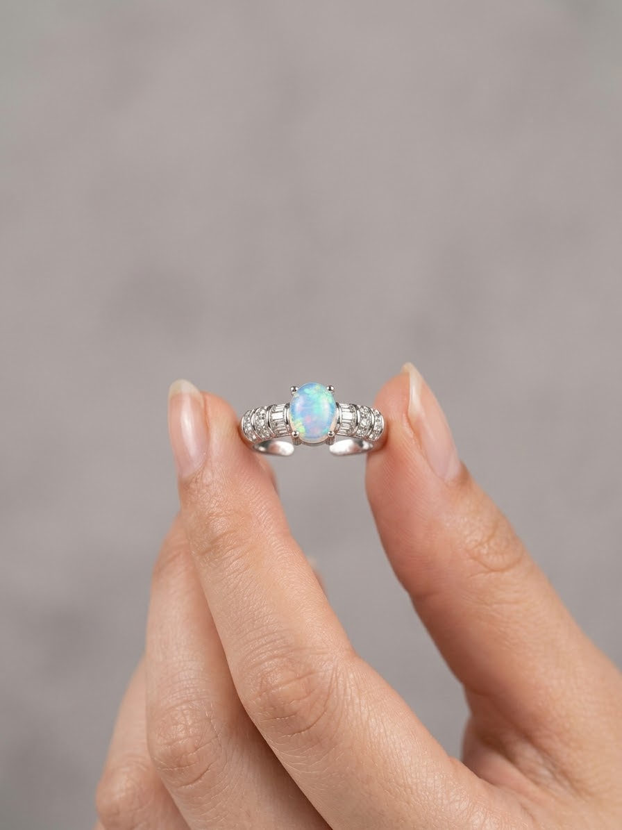 IMG_1291 Natural White Opal Sterling Silver Ring, Full Fire Color, Rhodium Plated - Image 1