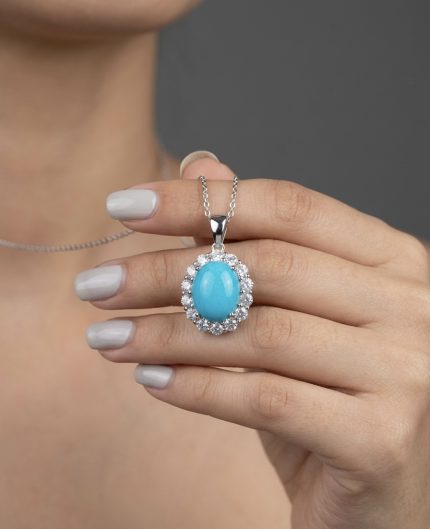 Natural Arizona Turquoise & Zircon Halo Pendant in 925 Sterling Silver