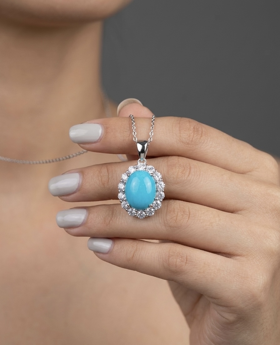 IMG_1325 Natural Arizona Turquoise & Zircon Halo Pendant in 925 Sterling Silver - Image 1