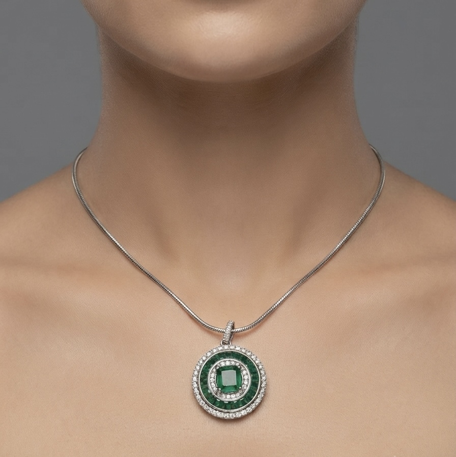 IMG_3531 Natural Swat Emerald & Zircon Round Halo Pendant Necklace in 925 Sterling Silver (Rhodium Plated) - Image 1
