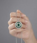 Natural Swat Emerald & Zircon Round Halo Pendant Necklace in 925 Sterling Silver (Rhodium Plated) - Image 2