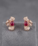 Exquisite Natural Treated Cabochon Ruby & Zircon Rose Gold Rhodium 925 Silver Earrings - Image 4