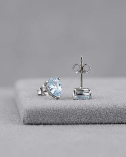 Natural Aquamarine Stud Earrings Pear Shape 925 Sterling Silver Rhodium Plated