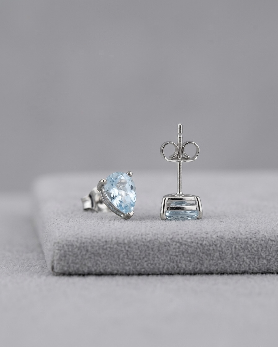 IMG_1384 Natural Aquamarine Stud Earrings Pear Shape 925 Sterling Silver Rhodium Plated - Image 1